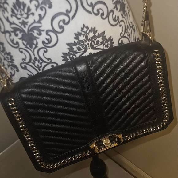 Rebecca Minkoff Love Crossbody Bag Black Chevron Quilted Leather with Gold Chain - Picture 2 of 16